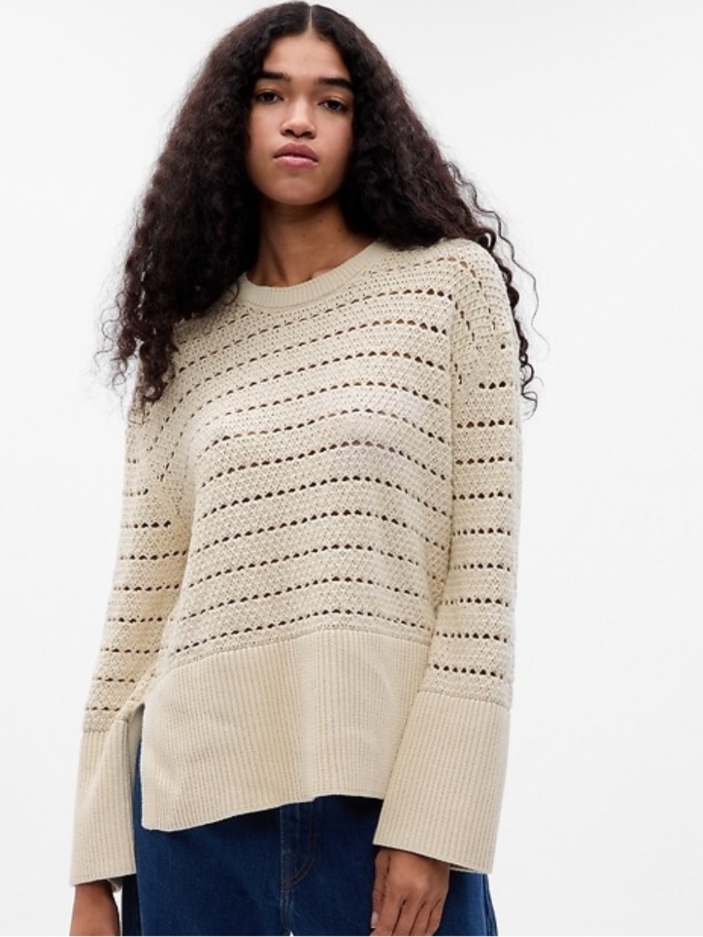 GAP Cotton Open Knit Pullover Sweater Cream XS Oversized Coastal Relaxed Neutral